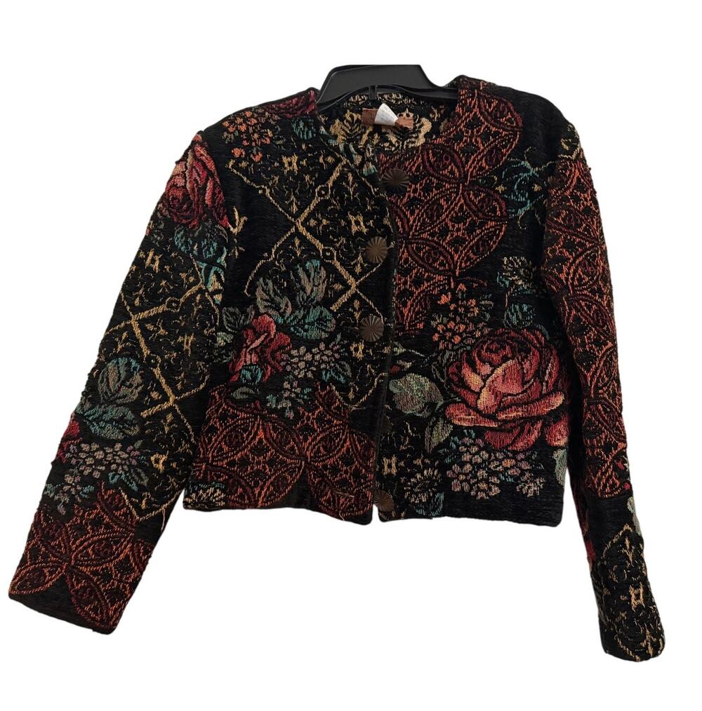 Vintage 90s Painted Pony Tapestry Patchwork Jacket Medium Floral Blazer